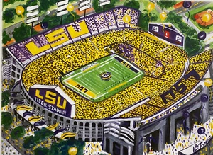 Impresión TIGER STADIUM LSU Fútbol K C Jones Artista Baton Rouge Louisiana Arte Oro - Imagen 1 de 11