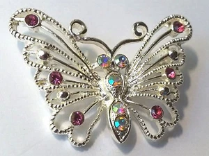 VINTAGE Silver RHINESTONE BUTTERFLY PIN Pink Figural Filigree OPEN WORK - Picture 1 of 4