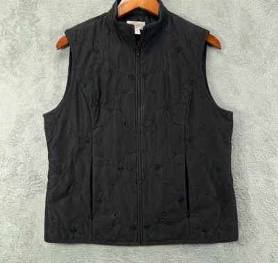 Chaleco Talbots Mujer Mediano Acolchado Negro Chaleco Bordado Floral Bolsillos Cremallera Foto 1 de 4