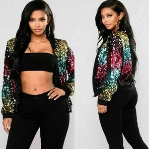 Ladies Multi Colour Sequin Glitter Club Dance Party Biker Festival Bomber Jacket - Picture 1 of 5