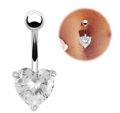 10mm Clear CZ Crystal Heart Navel Bar Belly Button 316L Steel-UK SELLER - Image 1 of 3