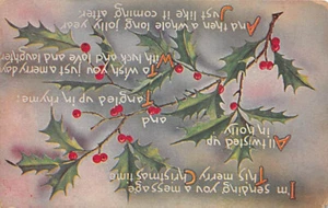 Postal vintage: mensaje de Navidad, acebo, base de datos años 1910 - Imagen 1 de 2