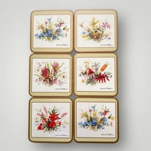Pimpernel Botanical Coasters Set of 6 Australian Wildflowers Cork Back 4” Square - Picture 1 of 8