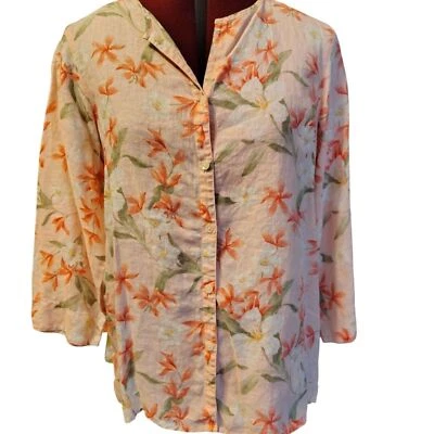 Liz Claiborne 100% 亚麻花卉 3/4 袖纽扣衬衫开衩侧尺寸 M — 第 1/4 张图片