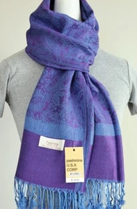 Sciarpa donna, pashmina scialle avvolgente-seta blu viola cashmere.Paisley morbida*027 - Foto 1 di 3