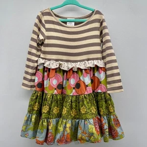 Matilda Jane Toddler 4 Long Sleeve Brown Stripe Green Floral Ruffle Skirt Dress - Picture 1 of 8