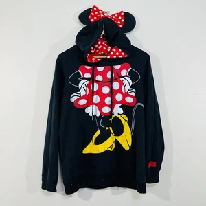 Disney Parks Minnie Mouse Hoodie Black Printed Costume Plush Ears Bow US L EU XL - Foto 1 di 20
