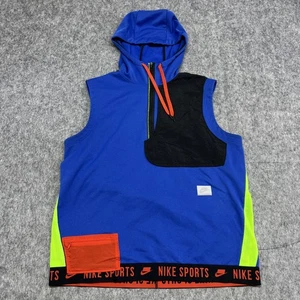 Nike Dri-Fit Hooded Sleeveless Vest Large Blue Black Neon Zip Pocket Performance - Picture 1 of 13
