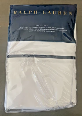 RALPH LAUREN Palmer Cotton Percale KING Flat Top Sheet White Polo Navy $185 - Image 1 of 4