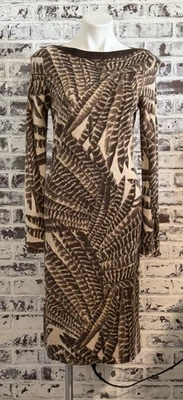 Lg Lauren by Ralph Lauren Women's Silk Cashmere Dress Brown Tan Feather Print - Image 1 of 3