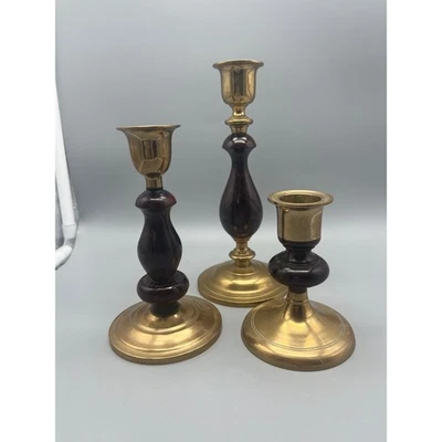 Vtg Brass & Wood set 3 Candlestick holders dark wood Traditional Classic style - Image 1 of 4