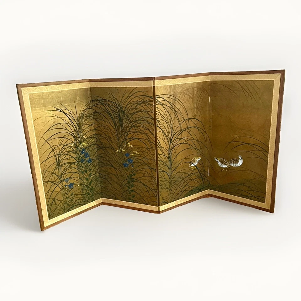 Vintage Oriental 4 Panel Screen Japan Gold Birds Flowers Signed Artist Made - Image 1 of 4