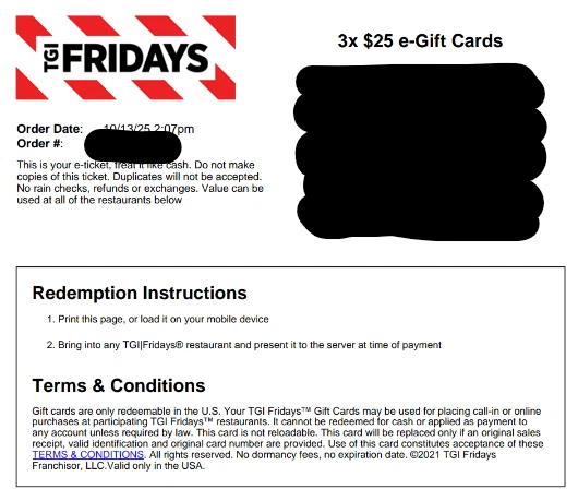 TGI 星期五礼品券 75 美元 无过期 — 第 1/1 张图片