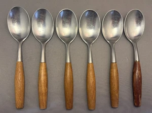 Set of 6 Vintage Dansk FJORD IHQ Germany Teak Handle Table Soup Spoons 7 1/8" - Picture 1 of 5