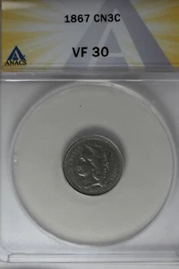 1867  .03   ANACS   VF 30   Three Cent Nickel, Liberty Three Cent Piece - Picture 1 of 2