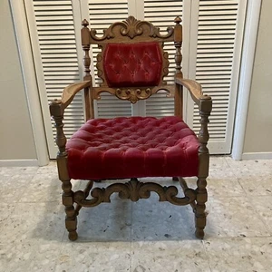 Antique Carved Tooled Walnut Chair W/Burgundy Tufted Velvet Upholstery - Picture 1 of 6