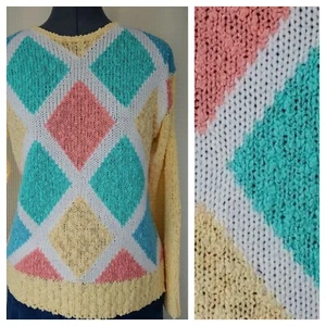 Vintage Suzanne Kent Yellow Sweater with Pastel Diamond Pattern on Front Sz MED - Picture 1 of 10