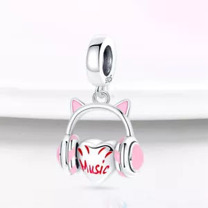 Dog Cat Paw Lover Love Music Heart Headphones DJ Charm Sterling Silver 925 - Picture 1 of 5