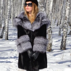 Women's Genuine Mink Fur Coat with Silver Fox Fur Hooded Cuff Outwears Overcoats - Picture 1 of 7