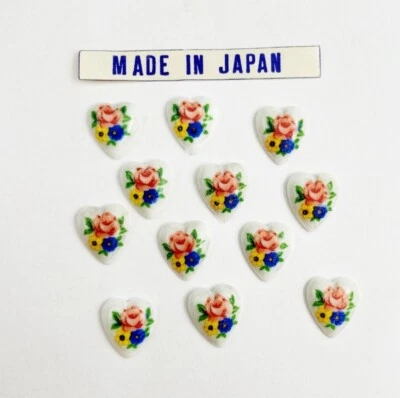 12 Vintage Japanese Glass Pink Rose, Yellow & Blue Flowers 11mm Heart Cameos 388 - Image 1 of 4