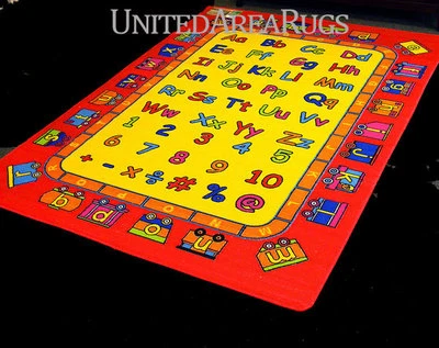 Tapete de área educacional 5x7 ABC infantil números de hora escolar trem amarelo e vermelho criança - Imagem 1 de 2