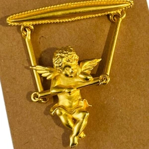 JJ Cherub Brooch Vintage Goldtone Swinging Signed - Picture 1 of 4