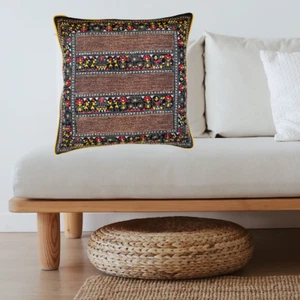 Multicolour Folklore-Kantha cushion cover, 18"x18", square on black base - Picture 1 of 4