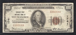 1929 $100 CROCKER FIRST NB OF SAN FRANCISCO, CA NATIONAL CURRENCY CH. #1741 - Picture 1 of 2