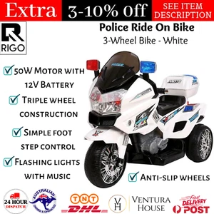 Kids Motorcycle Electric Ride on Toy Police Motorbike 3 Wheels Patrol Bike White - Picture 1 of 12