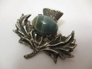 Vintage Robert Allison Scottish Thistle Sterling Silver Green Agate Brooch Pin - Picture 1 of 7