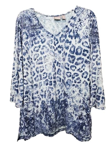 Chico's Blue Slub Knit Mixed Animal Print V-Neck 3/4 Sleeve Tunic Size 3 (XL) - Picture 1 of 7