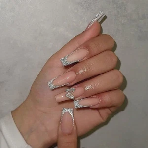 Long Square French Tips Acrylic False Nail 3D Butterfly Designs on Nail - Picture 1 of 8