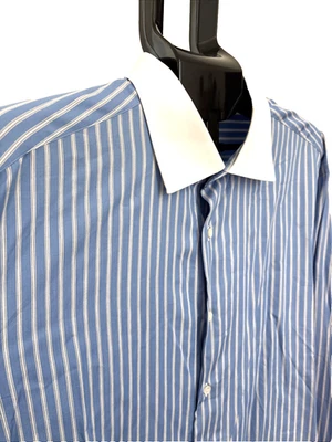 Brioni Men’s 18" Large Blue White Striped Long Sleeve French Cuff Shirt Italy - Image 1 of 4