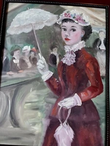 VTG Oil Painting Paris France  Lady Girl Parasol Framed 11x13” Marion Rice Style - Picture 1 of 7