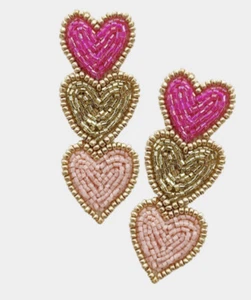 VALENTINES 3 HEARTS REPEATING HOT LIGHT PINK CHAMPAGNE DANGLE SEED BEED EARRINGS - Picture 1 of 1