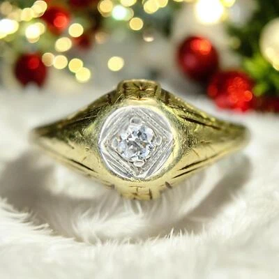 Anillo solitario vintage de diamantes naturales europeos antiguos Art Deco de oro amarillo de 14k Foto 1 de 4
