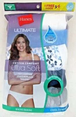 HANES Cool Comfort UltraSoft Tagless Bikini 42HUC6 Blue/Wht/Grey 6Pk SZ 5 to 9 - Image 1 of 2