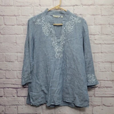 Туника Orvis вышитая льняная топ размер M синяя прибрежная поповер с разделенным вырезом - Изображение 1 из 4