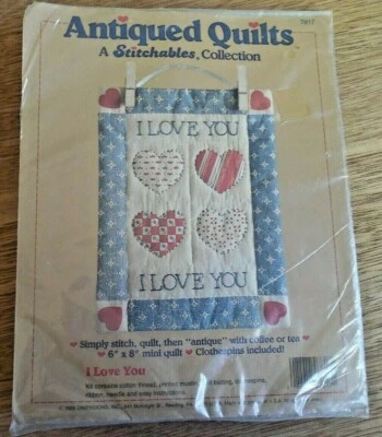 NEW!  Dimensions Antiqued Quilts Stitchable Kit "I Love You"  6x8 w Clothespins - Image 1 of 2