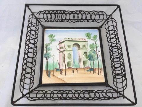 VTG MID CENTURY PARIS ARC DE TRIOMPHE HAND PAINTED TILE 6x6 WIRE FRAME 9.75x9.75 Cover