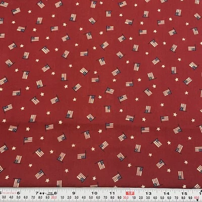 Patriotic Stars & Flags on a Brick Red Unbranded Cotton Fabric by the HALF YARD - Image 1 of 2