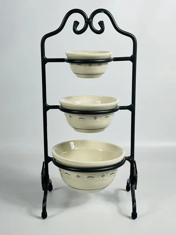 Longaberger Collector Club Miniature Mini Mixing Bowl Set and Wrought Iron Stand Cover