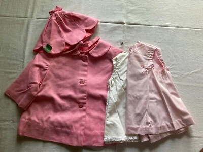Vintage Girl's Pink Toddler Coat & Summer Tulip Matching Hat With Dress & Slip - Image 1 of 4