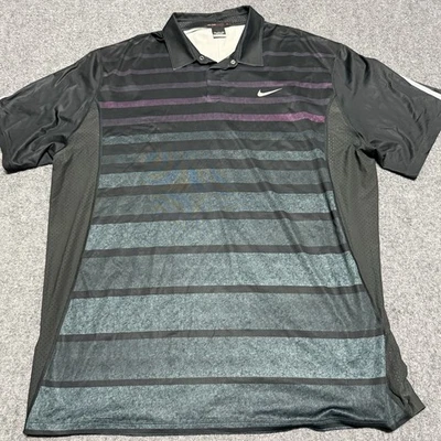 VTG Nike Tiger Woods Collection Polo Shirt Black Blue Stripe 2XL Golf 518104-011 - Image 1 of 4