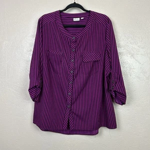 Blusa Kim Rogers Mujer 3X Púrpura Rosa Rayas Cuello en V Abotonada - Imagen 1 de 11