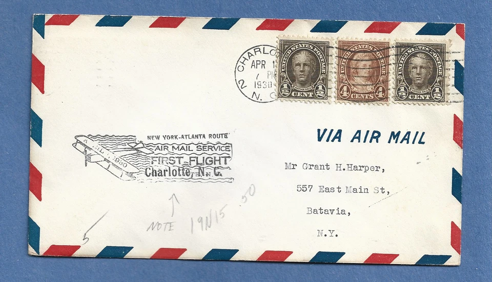 FIRST FLIGHT CHARLOTTE N.C TO BATAVIA APR 1,1930 19N15 - Image 1 of 1