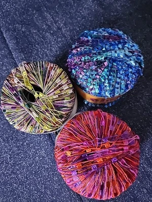 Trellis Ladder Ribbon Yarn Lot of 3 Rolls BLUE RED PURPLE With Green ITALY - Image 1 of 4