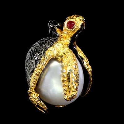 925 Sterling Silver Pendant Round Ruby Myanmae Pearl Turtle Gemstone Jewelry - Image 1 of 4