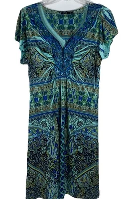 APT. Vestido para mujer talla mediana 9 azul verde cachemira cuentas cuello en V manga corta Foto 1 de 4