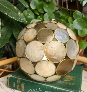 Vintage 70s Capiz Shell Light Shade Beige Golden Round Sphere Atomic Mcm - Picture 1 of 24